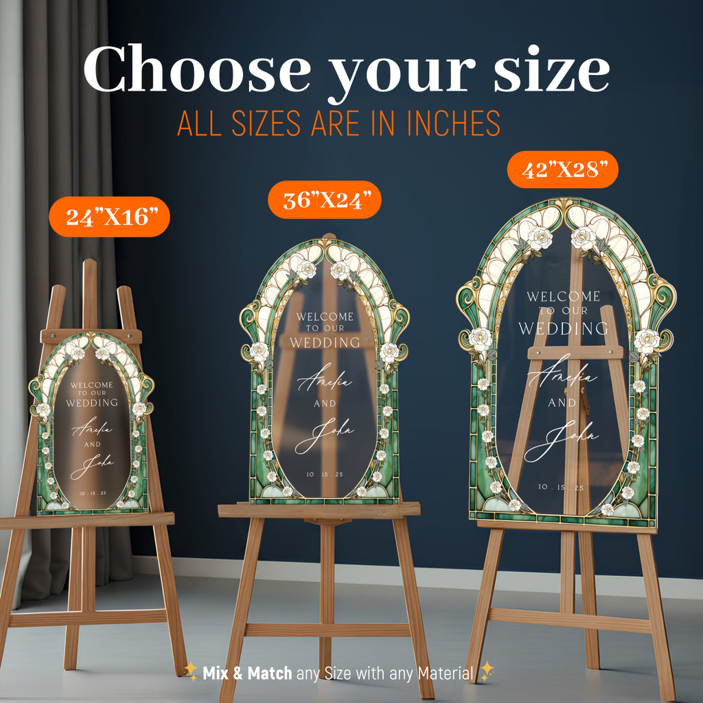 Sage Stained Glass Floral Wedding Sign, Frosted Cream Roses Wedding Welcome Sign - SpeedyOrders