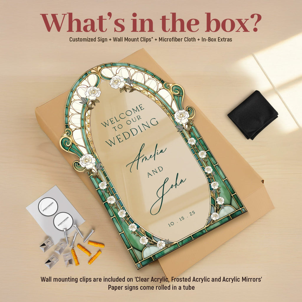 Sage Stained Glass Floral Wedding Sign, Frosted Cream Roses Wedding Welcome Sign - SpeedyOrders