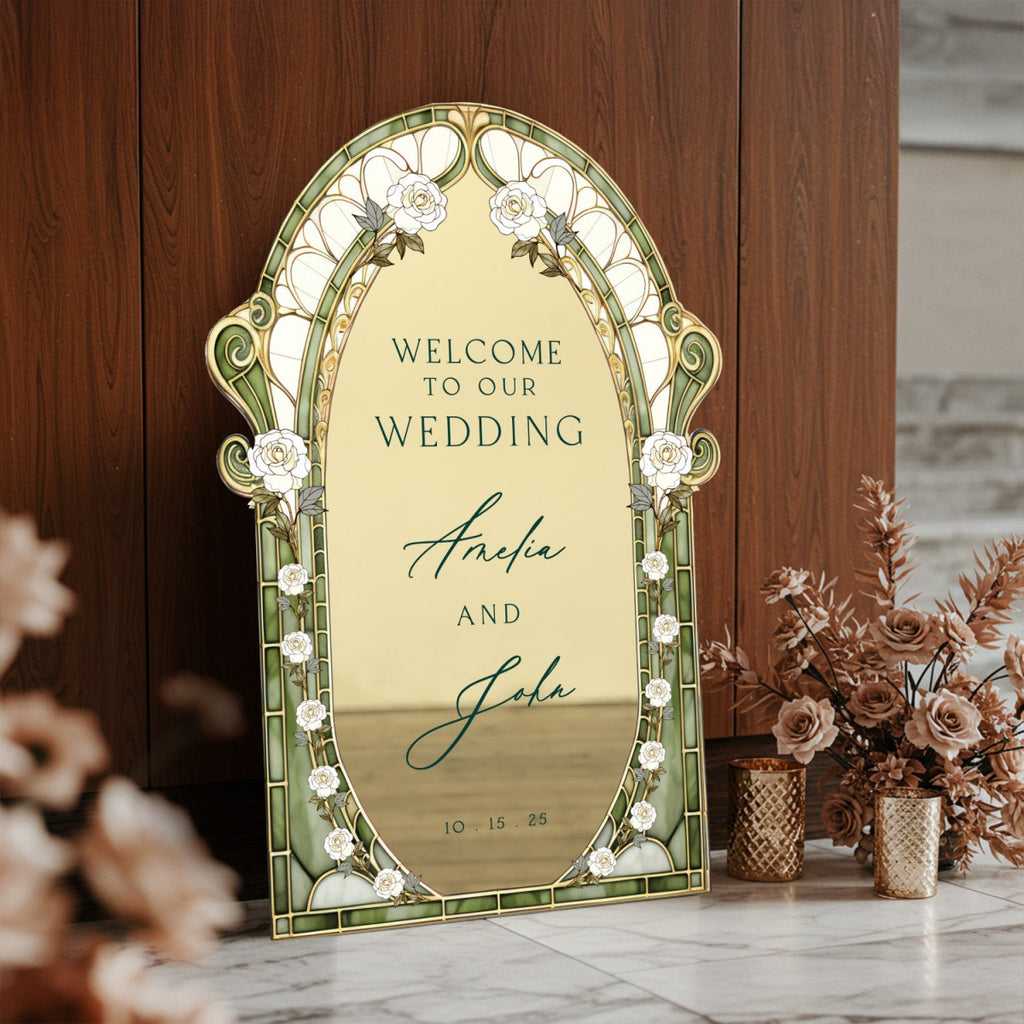 Sage Stained Glass Wedding Sign, Cream Roses Mirror Wedding Welcome Sign - SpeedyOrders