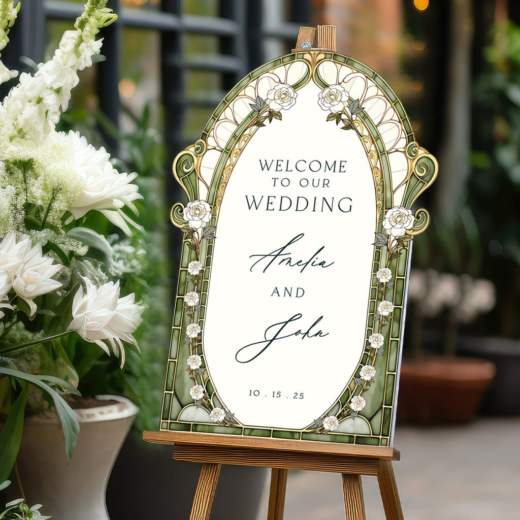Sage Stained Glass Wedding Sign, Cream Roses Mirror Wedding Welcome Sign - SpeedyOrders