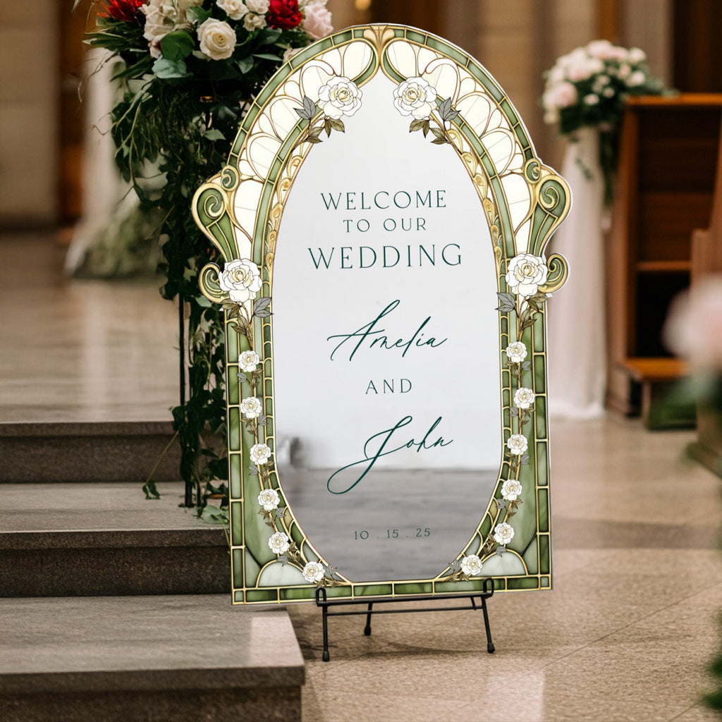 Sage Stained Glass Wedding Sign, Cream Roses Mirror Wedding Welcome Sign - SpeedyOrders
