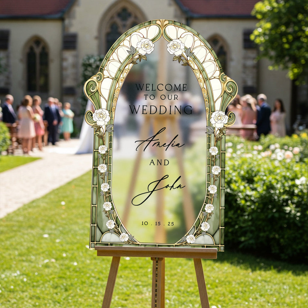 Sage Stained Glass Wedding Sign, Cream Roses Mirror Wedding Welcome Sign - SpeedyOrders