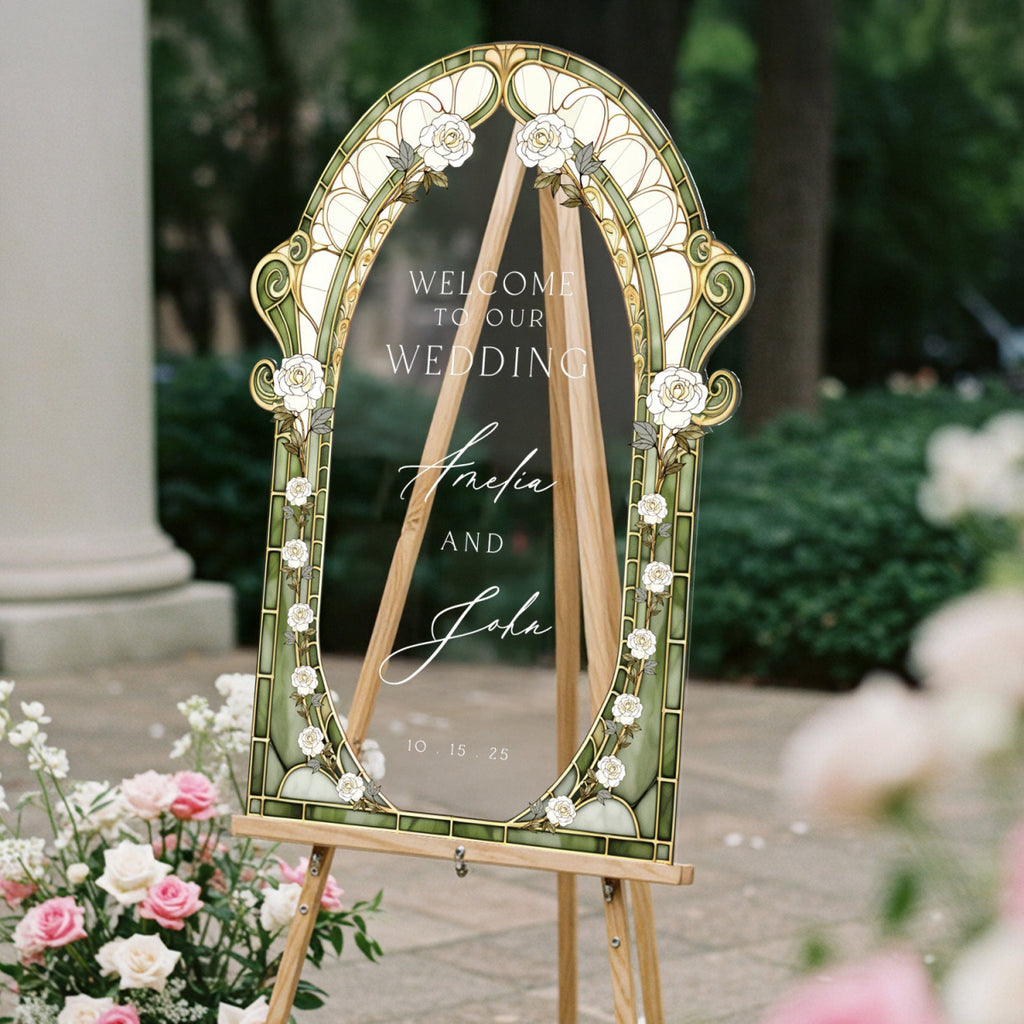 Sage Stained Glass Wedding Sign, Cream Roses Mirror Wedding Welcome Sign - SpeedyOrders