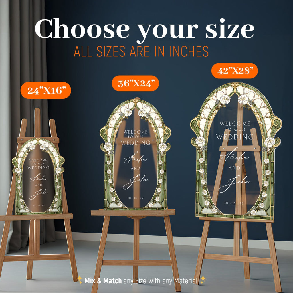 Sage Stained Glass Wedding Sign, Cream Roses Mirror Wedding Welcome Sign - SpeedyOrders