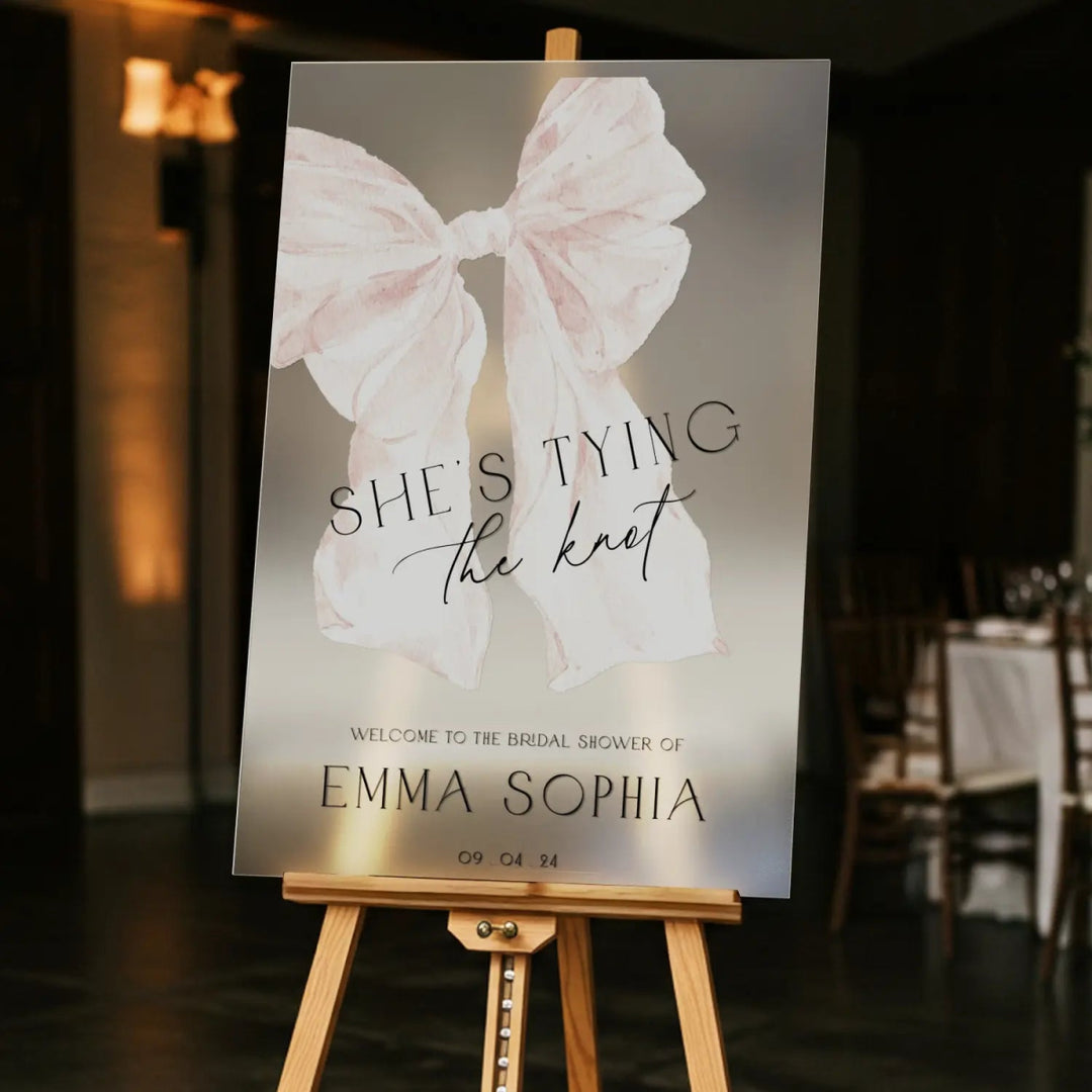 She’s Tying The Knot Bridal Shower Sign, Blush Pink Ribbon Bridal Shower Welcome Sign - SpeedyOrders