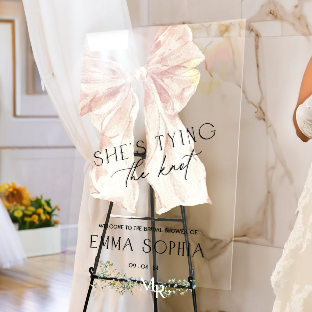 She’s Tying The Knot Bridal Shower Sign, Blush Pink Ribbon Bridal Shower Welcome Sign - SpeedyOrders