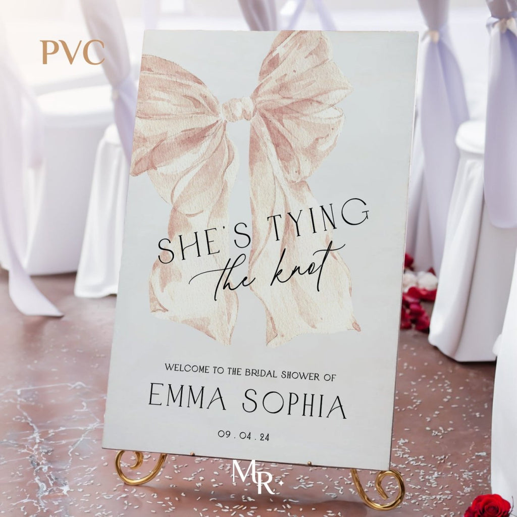 She’s Tying The Knot Bridal Shower Sign, Blush Pink Ribbon Bridal Shower Welcome Sign - SpeedyOrders