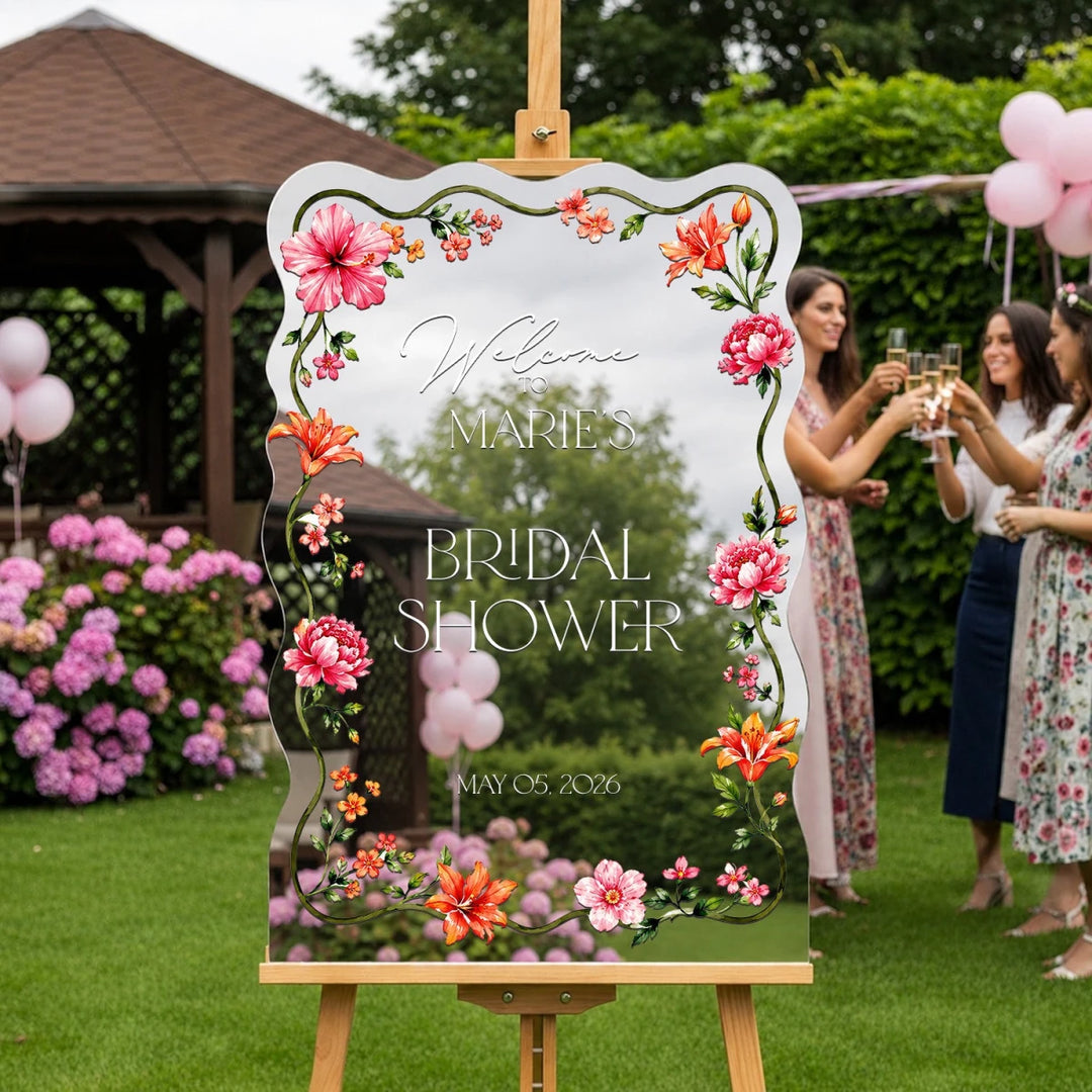 Silver Mirror Bridal Shower Welcome Sign — Floral Garden - SpeedyOrders