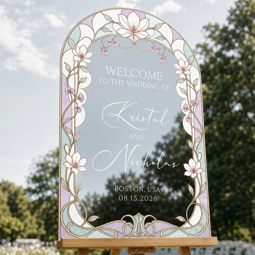 Soft Lavender Stained Glass Wedding Welcome Sign — Pastel Floral Arch - SpeedyOrders