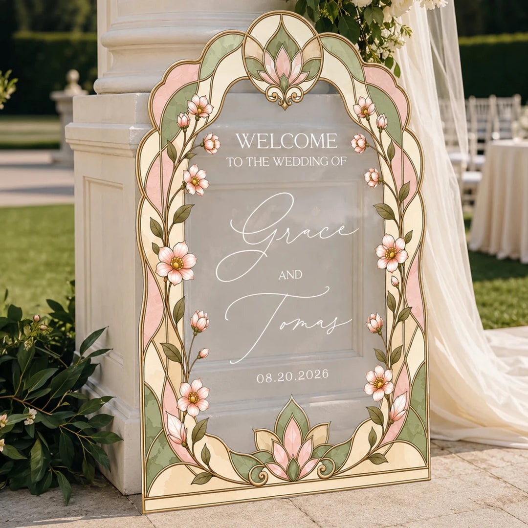 Soft Pink Floral Stained Glass Wedding Welcome Sign — Art Nouveau Clear Acrylic Arch - SpeedyOrders