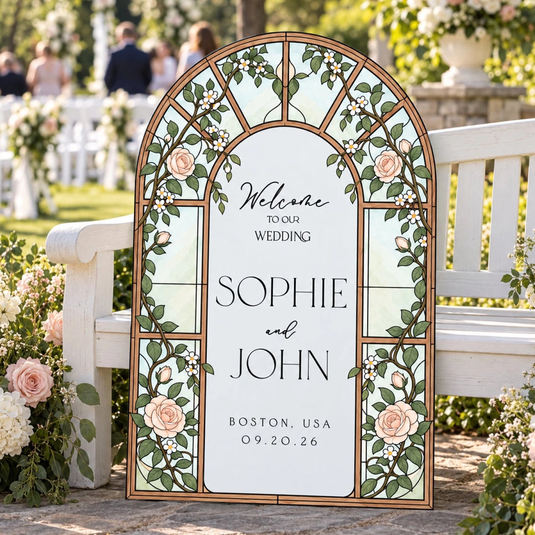 Soft Pink Rose Stained Glass Wedding Welcome Sign — Botanical Window Arch - SpeedyOrders