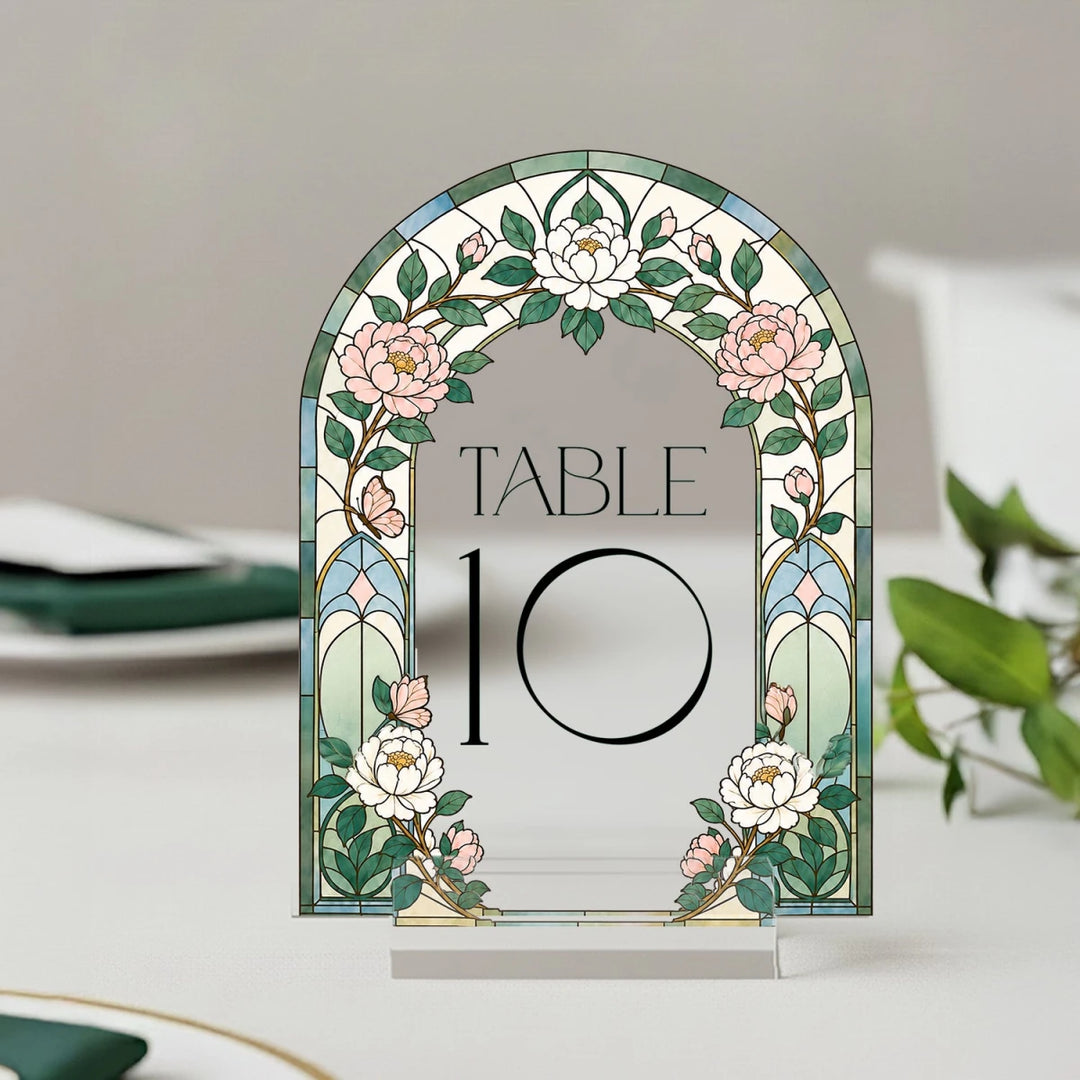 Stained Glass Acrylic Wedding Table Numbers — Green Floral Arch - SpeedyOrders