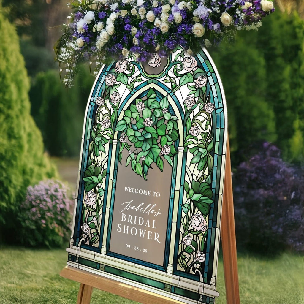 Stained Glass Bridal Shower Sign, Custom Acrylic Green Welcome Sign - SpeedyOrders