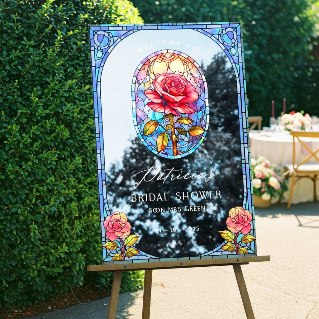 Stained Glass Bridal Shower Sign, Custom Acrylic Red Rose Bridal Shower Welcome Signs - SpeedyOrders