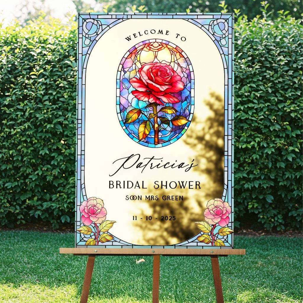Stained Glass Bridal Shower Sign, Custom Acrylic Red Rose Bridal Shower Welcome Signs - SpeedyOrders