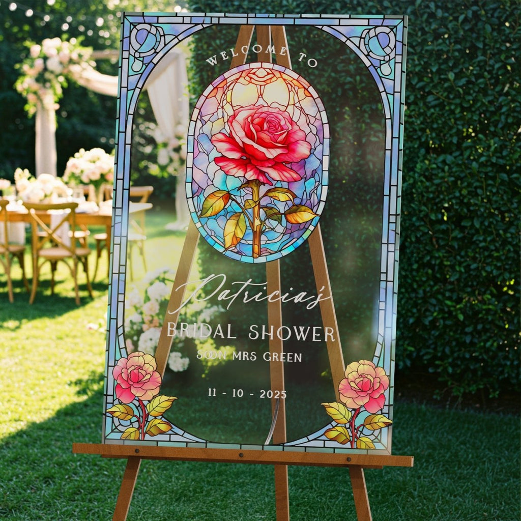 Stained Glass Bridal Shower Sign, Custom Acrylic Red Rose Bridal Shower Welcome Signs - SpeedyOrders