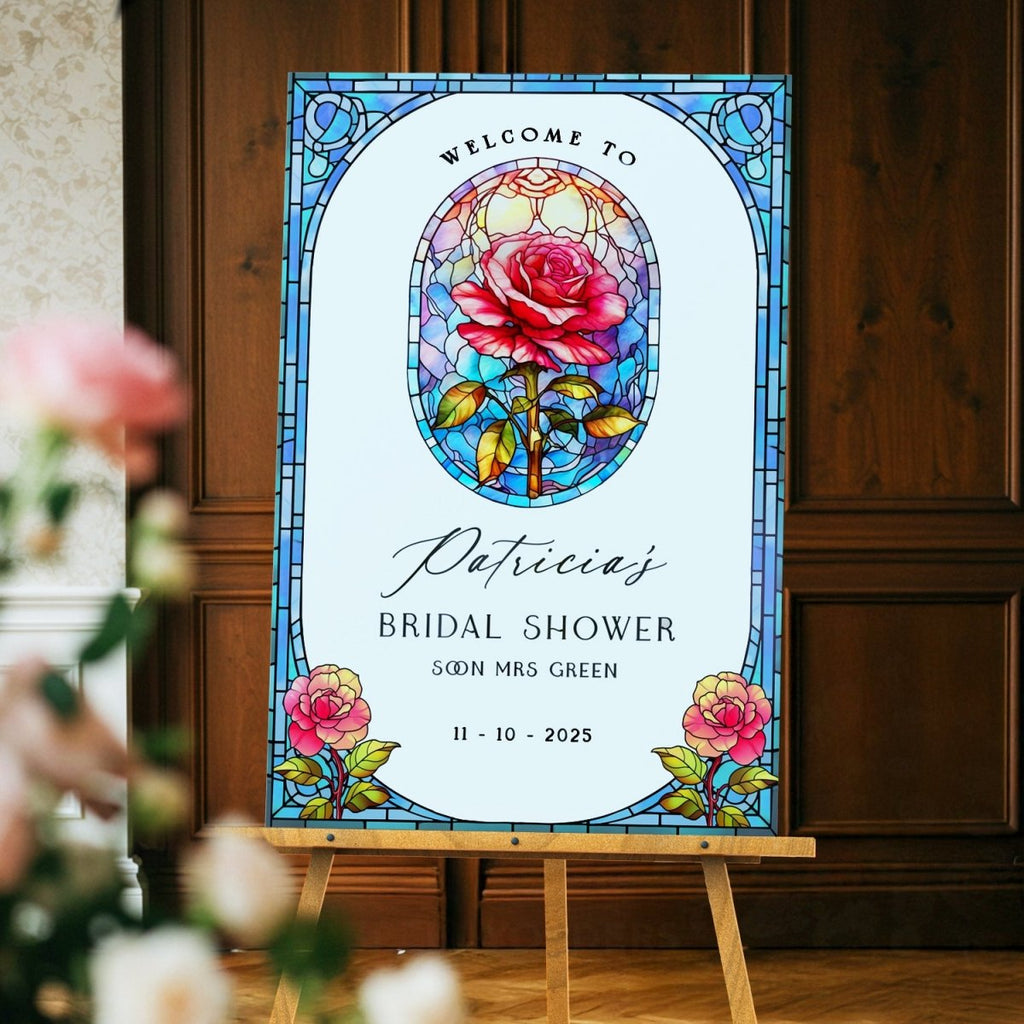 Stained Glass Bridal Shower Sign, Custom Acrylic Red Rose Bridal Shower Welcome Signs - SpeedyOrders