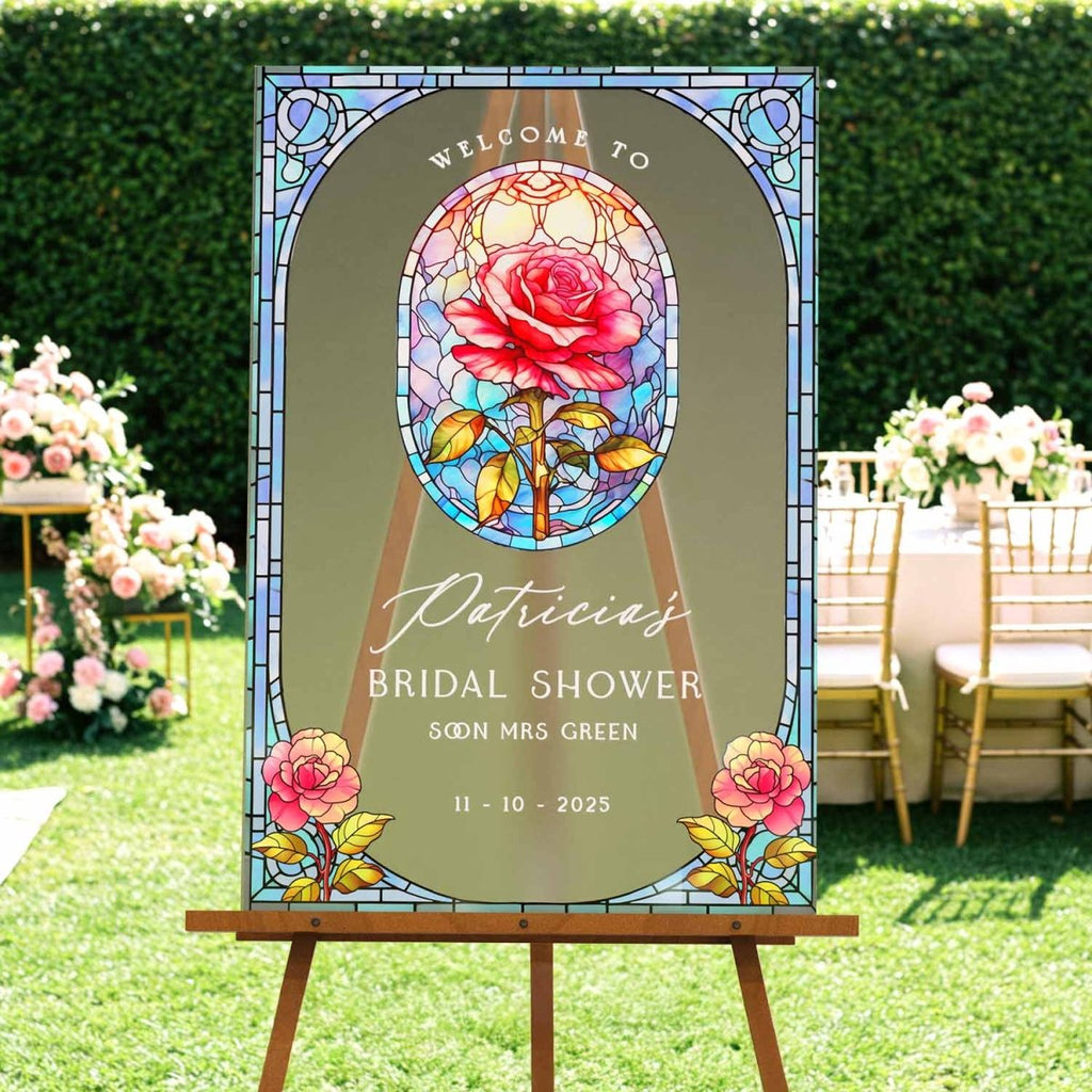 Stained Glass Bridal Shower Sign, Custom Acrylic Red Rose Bridal Shower Welcome Signs - SpeedyOrders