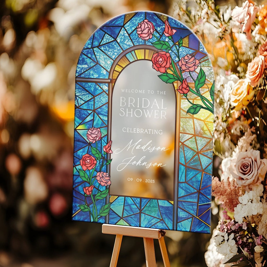 Stained Glass Bridal Shower Sign, Red Roses Bridal Shower Welcome Sign - SpeedyOrders