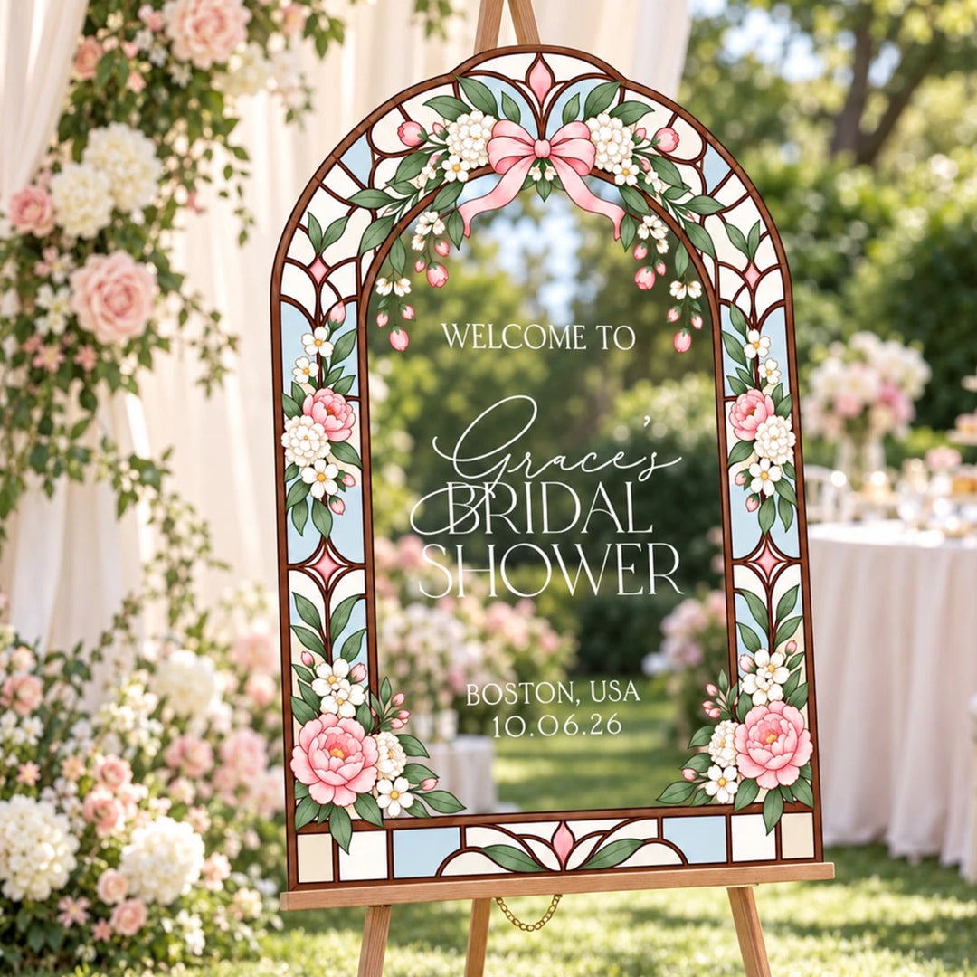 Stained Glass Floral Ribbon Bridal Shower Welcome Sign — Botanical Arch - SpeedyOrders