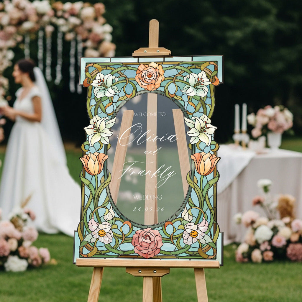 Stained Glass Floral Wedding Sign, Welcome to the Wedding Of Sign - SpeedyOrders