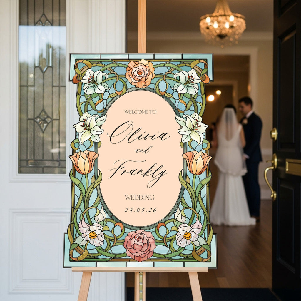 Stained Glass Floral Wedding Sign, Welcome to the Wedding Of Sign - SpeedyOrders