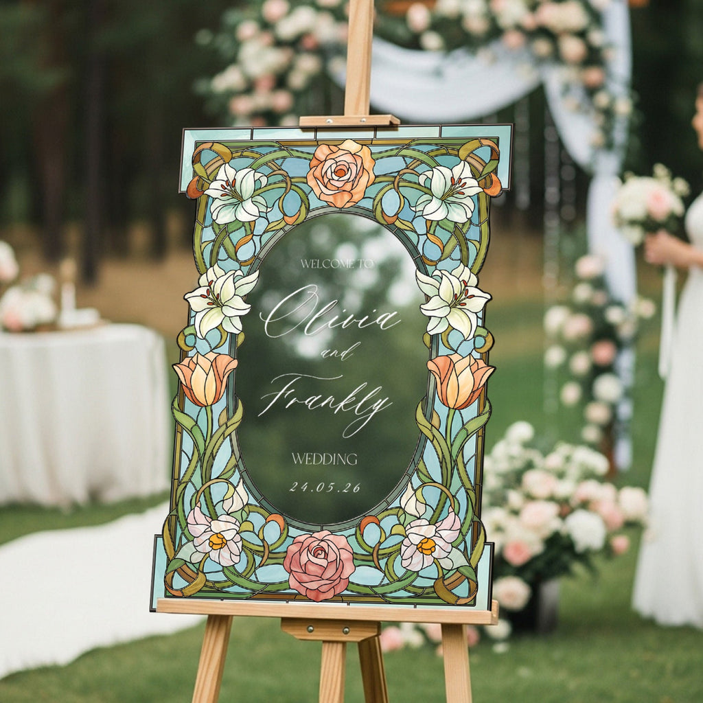 Stained Glass Floral Wedding Sign, Welcome to the Wedding Of Sign - SpeedyOrders