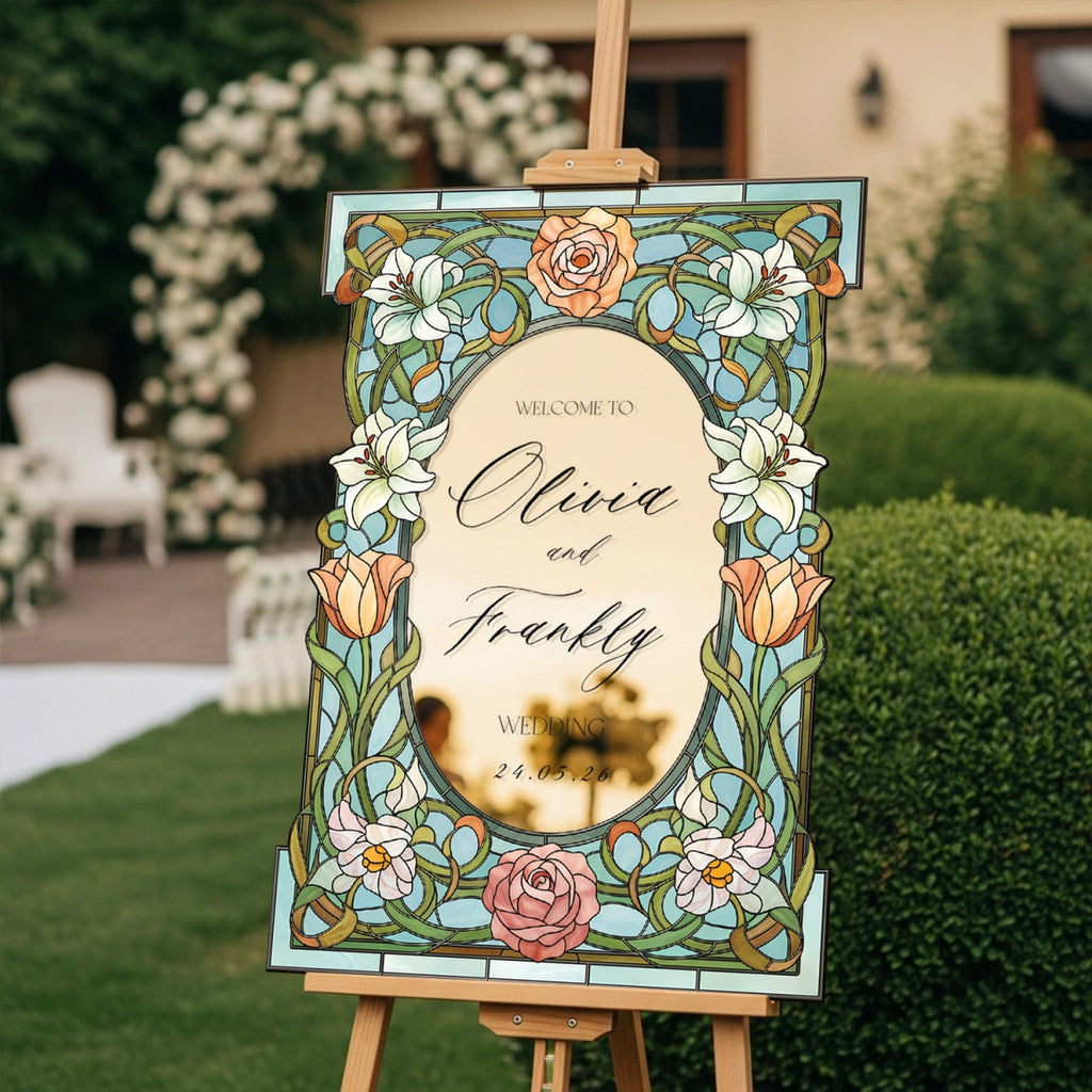 Stained Glass Floral Wedding Sign, Welcome to the Wedding Of Sign - SpeedyOrders