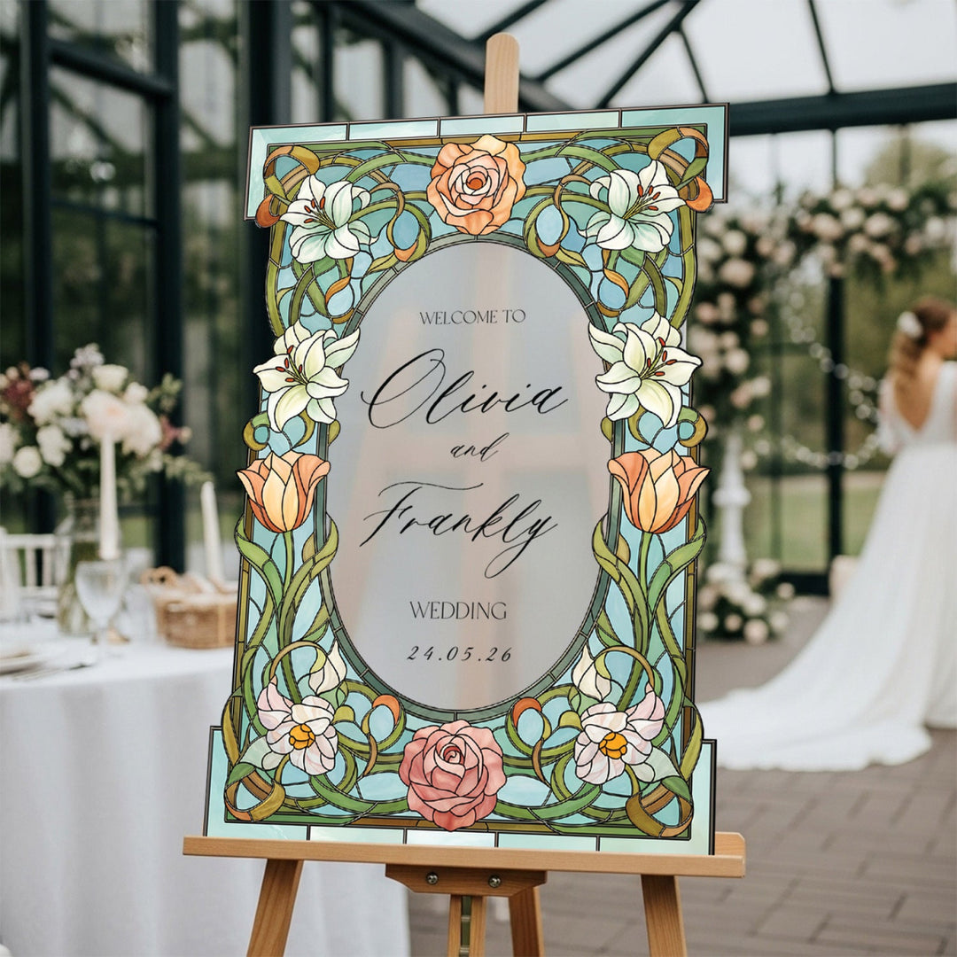Stained Glass Floral Wedding Sign, Welcome to the Wedding Of Sign - SpeedyOrders