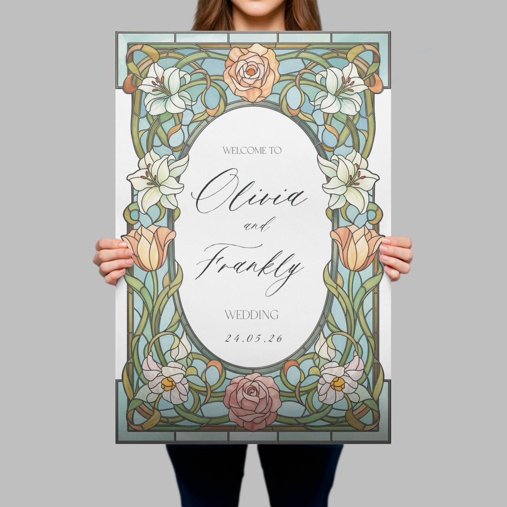 Stained Glass Floral Wedding Sign, Welcome to the Wedding Of Sign - SpeedyOrders