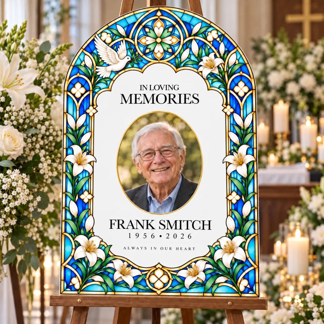 Stained Glass Memorial Photo Sign — Peaceful Lily & Dove Arch - SpeedyOrders