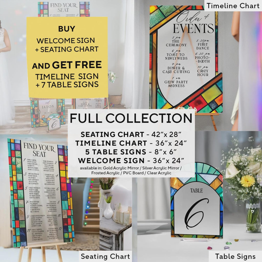 Stained Glass Wedding Bundle Set, Wedding Sign Bundle, Seating Chart, Order Of Events and Table Signs - SpeedyOrders