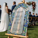 Stained Glass Wedding Sign, Arched Blue Mirror Wedding Welcome Sign - SpeedyOrders