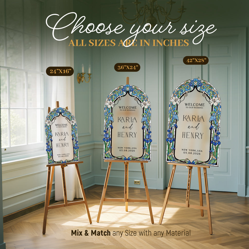 Stained Glass Wedding Sign, Arched Blue Mirror Wedding Welcome Sign - SpeedyOrders