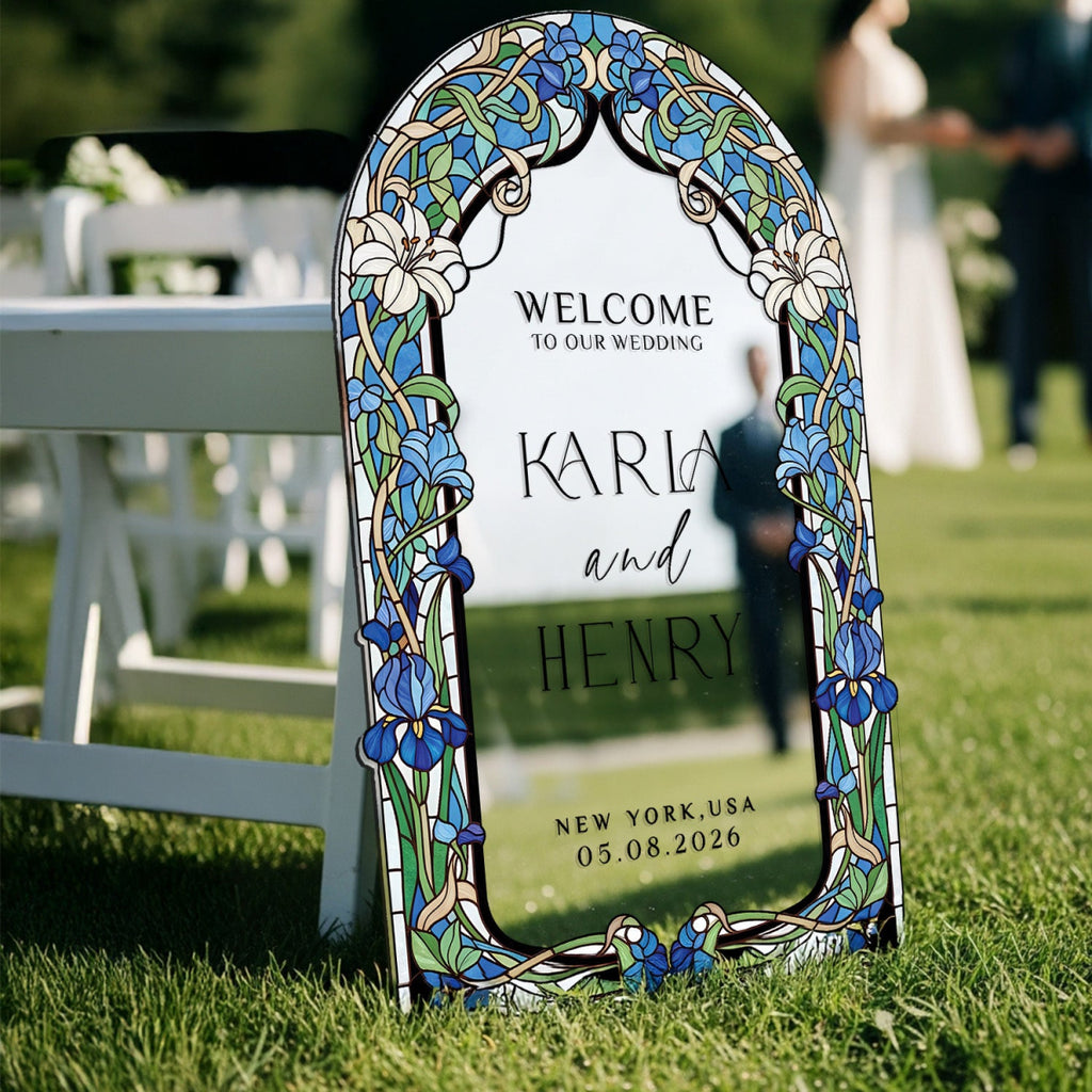 Stained Glass Wedding Sign, Arched Blue Mirror Wedding Welcome Sign - SpeedyOrders