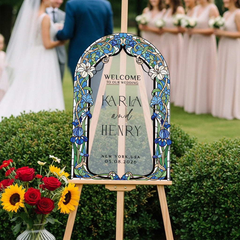 Stained Glass Wedding Sign, Arched Blue Mirror Wedding Welcome Sign - SpeedyOrders