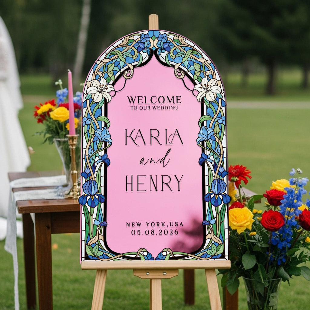 Stained Glass Wedding Sign, Arched Blue Mirror Wedding Welcome Sign - SpeedyOrders