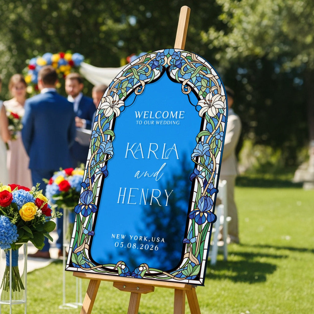 Stained Glass Wedding Sign, Arched Blue Mirror Wedding Welcome Sign - SpeedyOrders