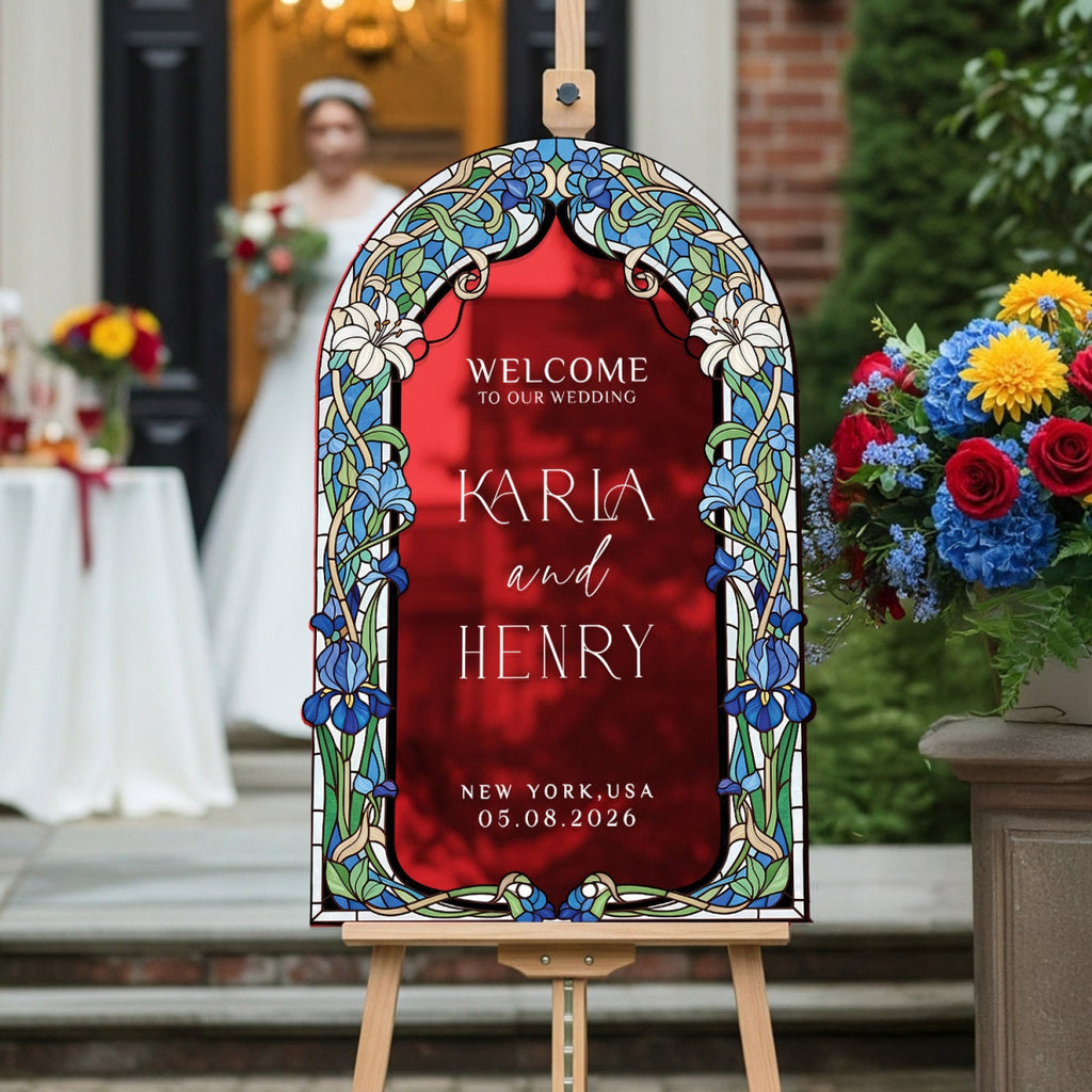 Stained Glass Wedding Sign, Arched Blue Mirror Wedding Welcome Sign - SpeedyOrders