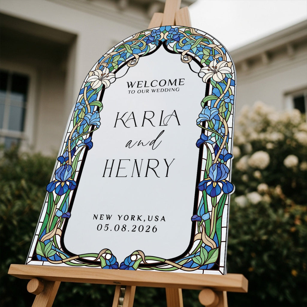 Stained Glass Wedding Sign, Arched Blue Mirror Wedding Welcome Sign - SpeedyOrders