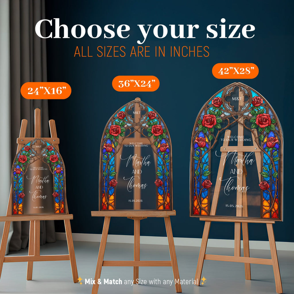 Stained Glass Wedding Sign, Arched Roses Wedding - SpeedyOrders