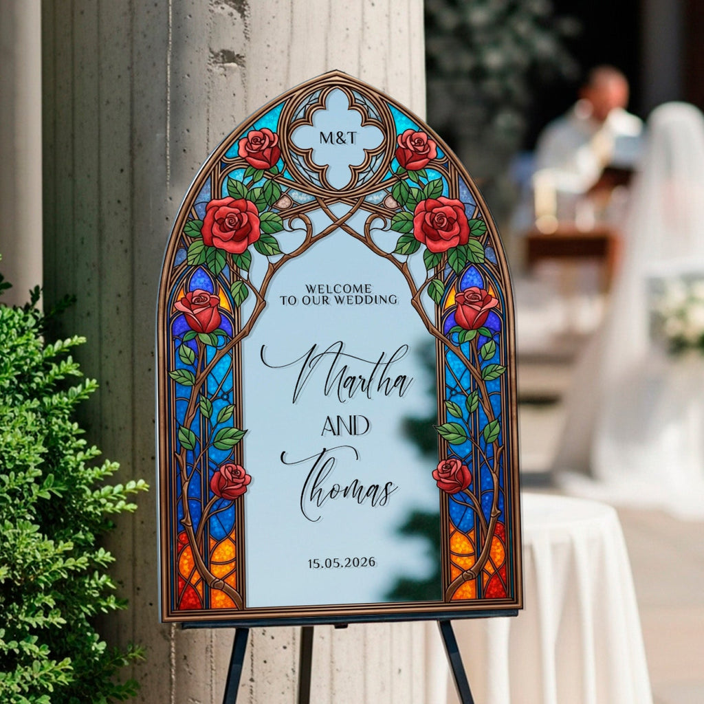 Stained Glass Wedding Sign, Arched Roses Wedding - SpeedyOrders