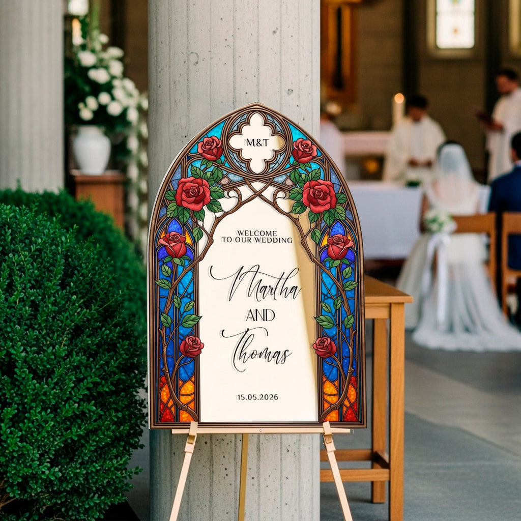 Stained Glass Wedding Sign, Arched Roses Wedding - SpeedyOrders