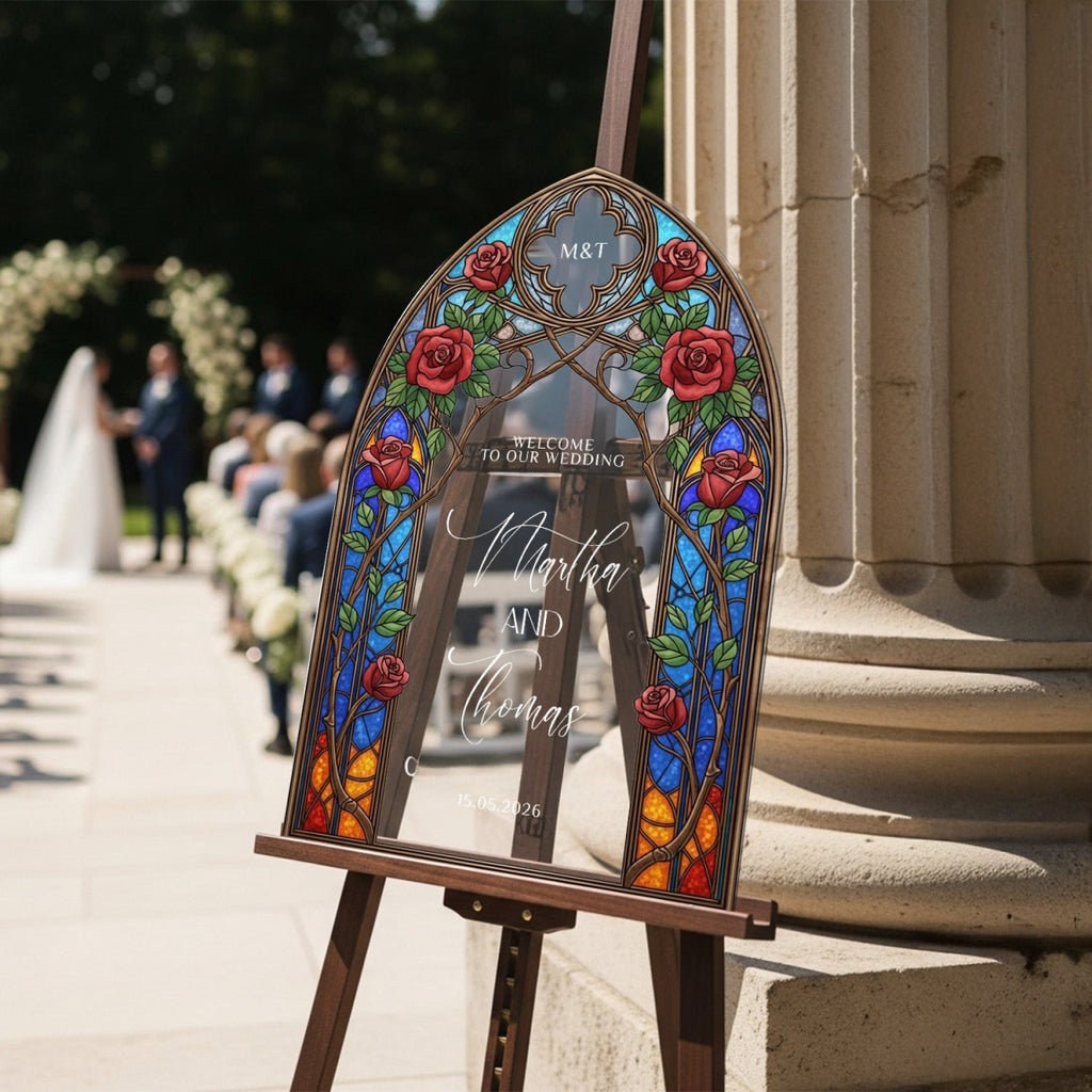 Stained Glass Wedding Sign, Arched Roses Wedding - SpeedyOrders