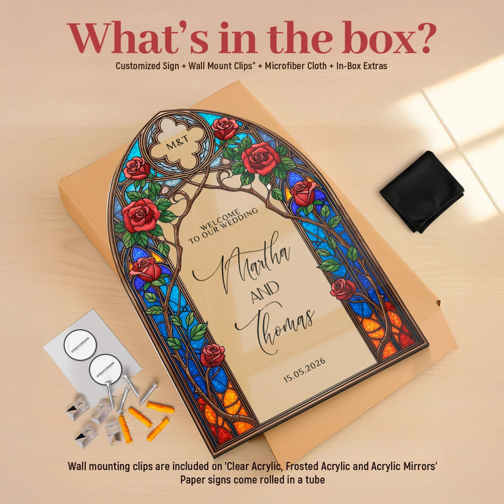 Stained Glass Wedding Sign, Arched Roses Wedding - SpeedyOrders