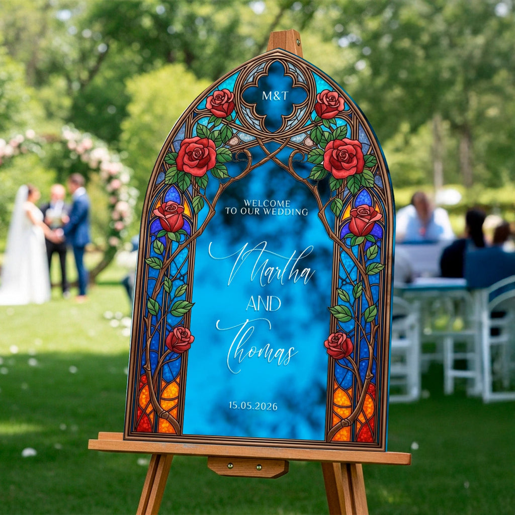 Stained Glass Wedding Sign, Arched Roses Wedding - SpeedyOrders
