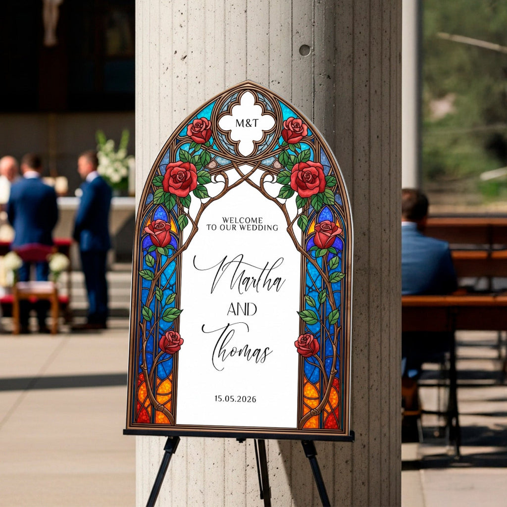 Stained Glass Wedding Sign, Arched Roses Wedding - SpeedyOrders