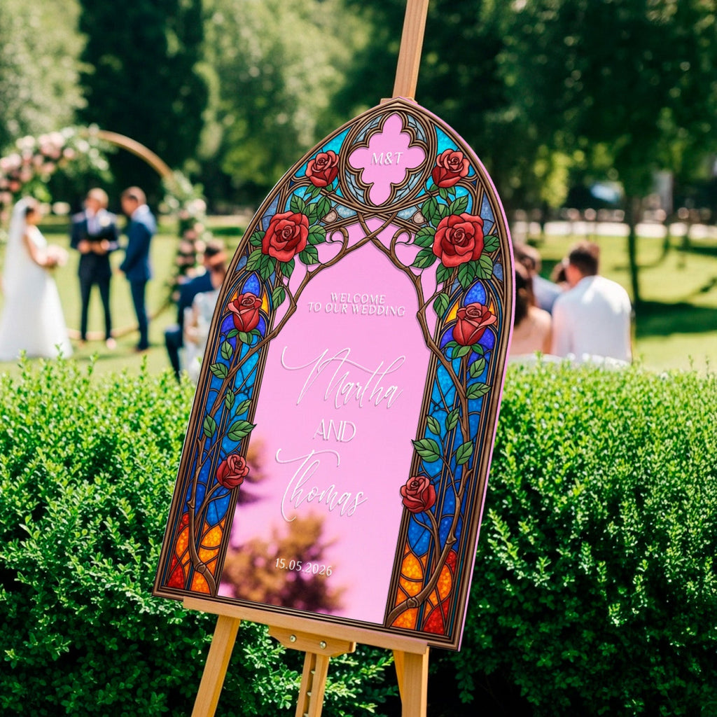Stained Glass Wedding Sign, Arched Roses Wedding - SpeedyOrders