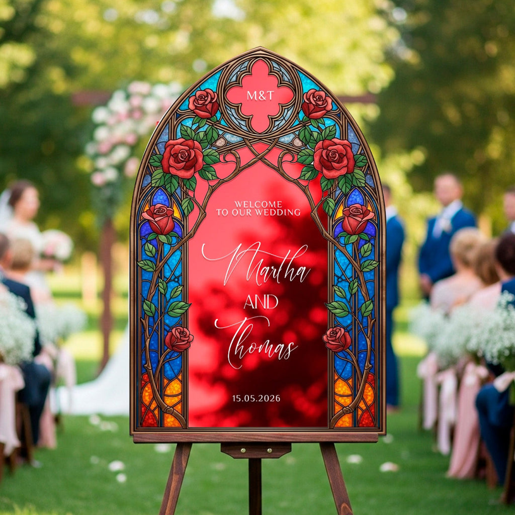 Stained Glass Wedding Sign, Arched Roses Wedding - SpeedyOrders