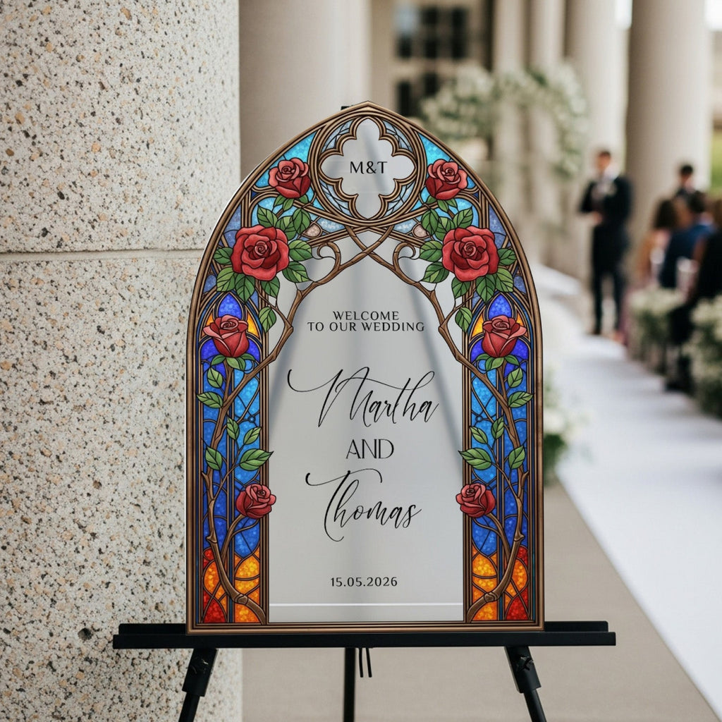 Stained Glass Wedding Sign, Arched Roses Wedding - SpeedyOrders